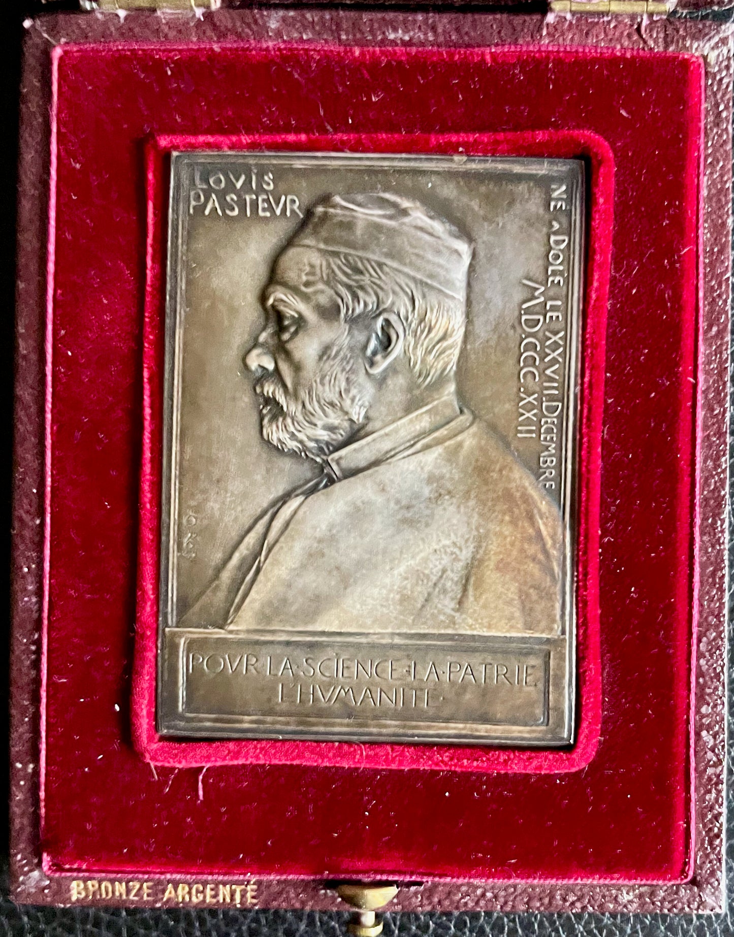 1892 FRANCE Louis Pasteur silvered bronze plaque 67.5*48.5mm in case by Oscar Roty