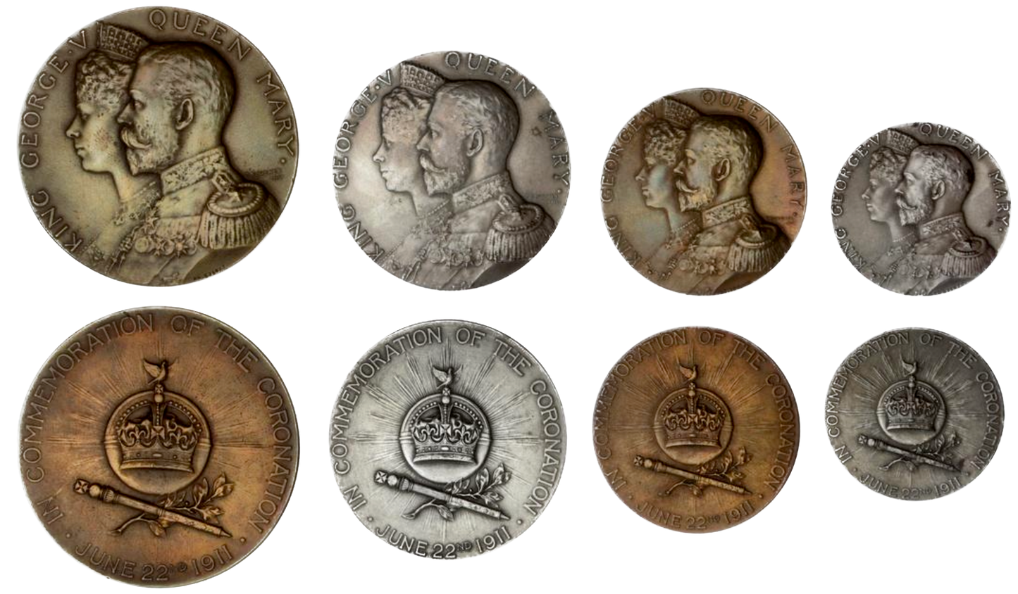 1911 Coronation cased set of four medals bronze and silver BHM 4056 Extremely Rare UNC