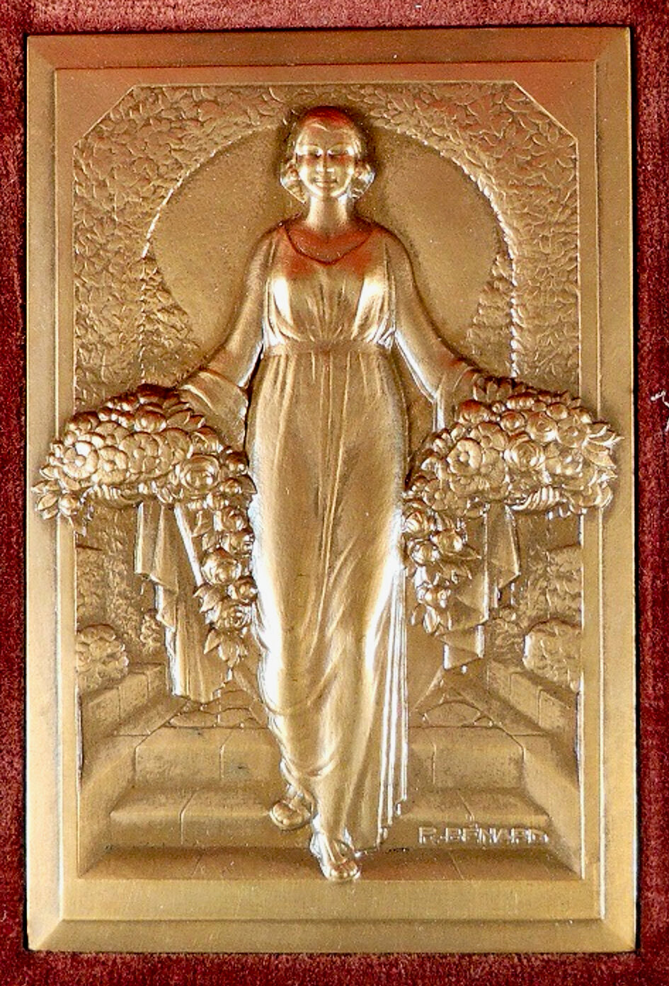 1930 FRANCE 'Woman with Flowers' 92mm*59mm bronze plaquette by Bénard