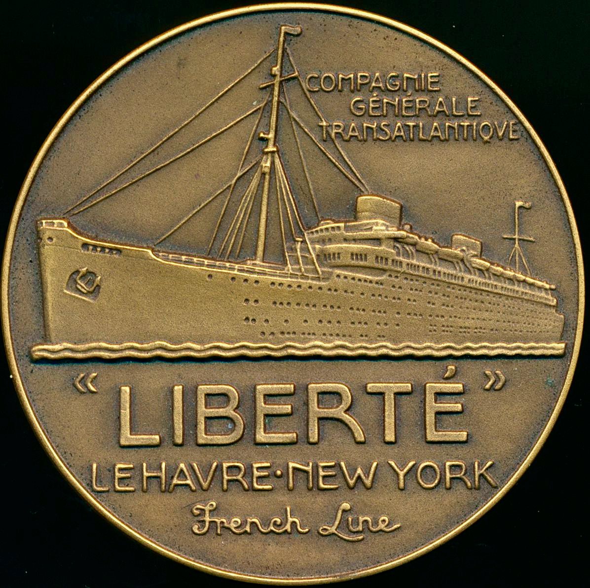 1950 FRANCE Paquebot “Liberté” 49mm bronze medal in box of issue by Jean de Vernon