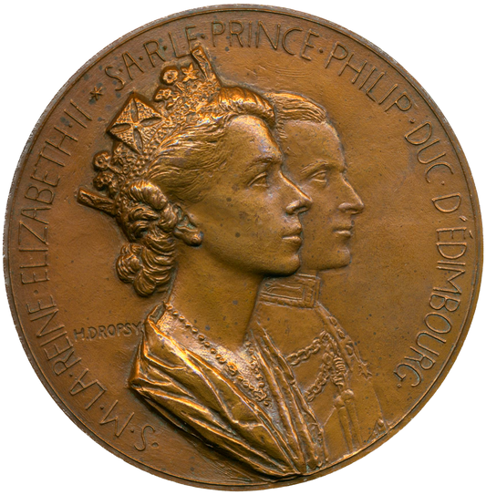 1957 Royal visit to Paris 72mm bronze medal by Henri Dropsy E2098a