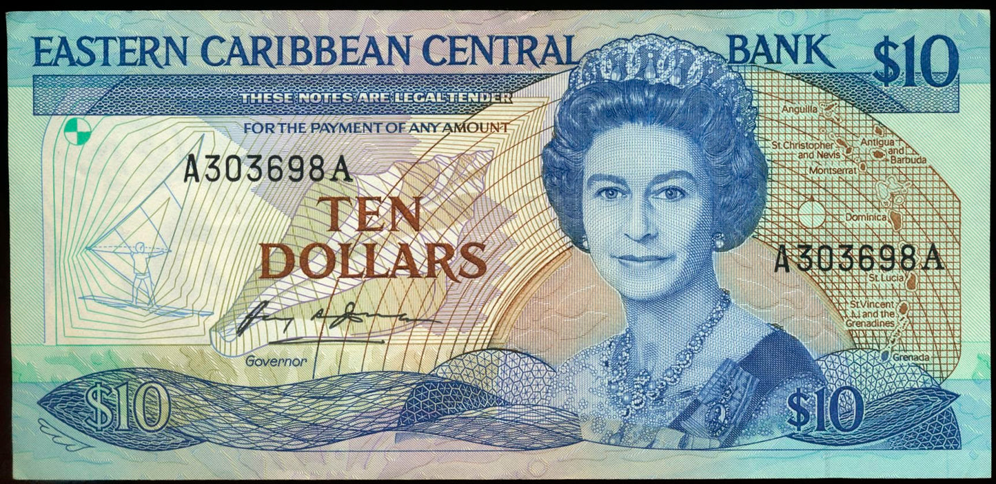 EAST CARIBBEAN P.23A1 1988 $10 Suffix A Antigua NEF