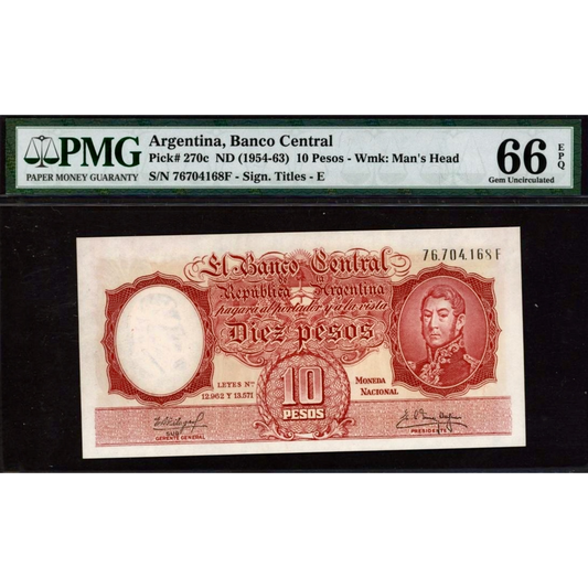 ARGENTINA P.270c 1954-1963 10 Pesos GEM 66 UNC
