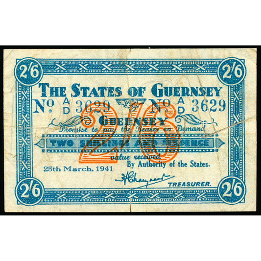 GUERNSEY P.19 GU27a 1941 2 Shillings 6 Pence F