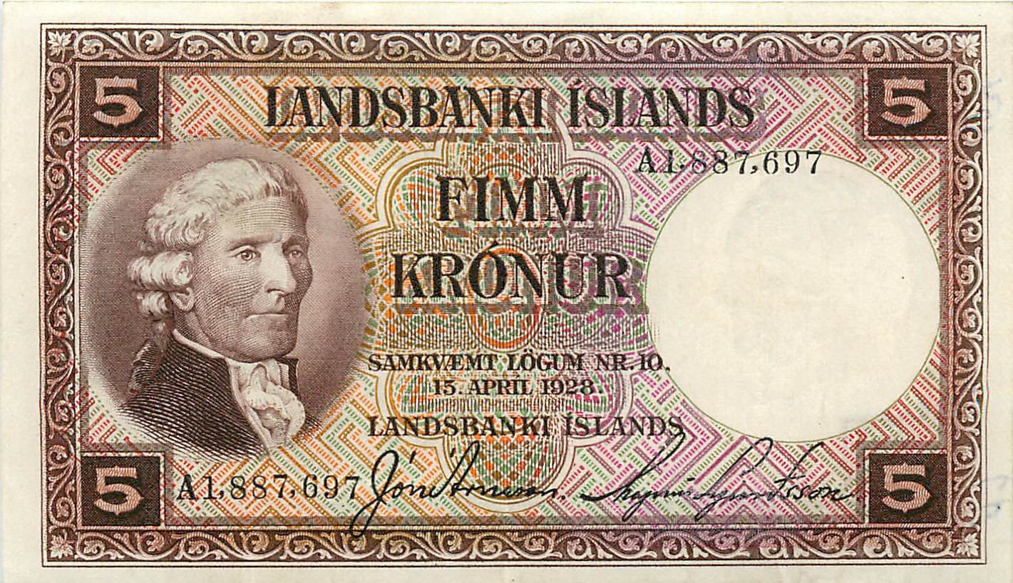 ICELAND P.27b 1928 5 Kronur GVF A1 pre-fix