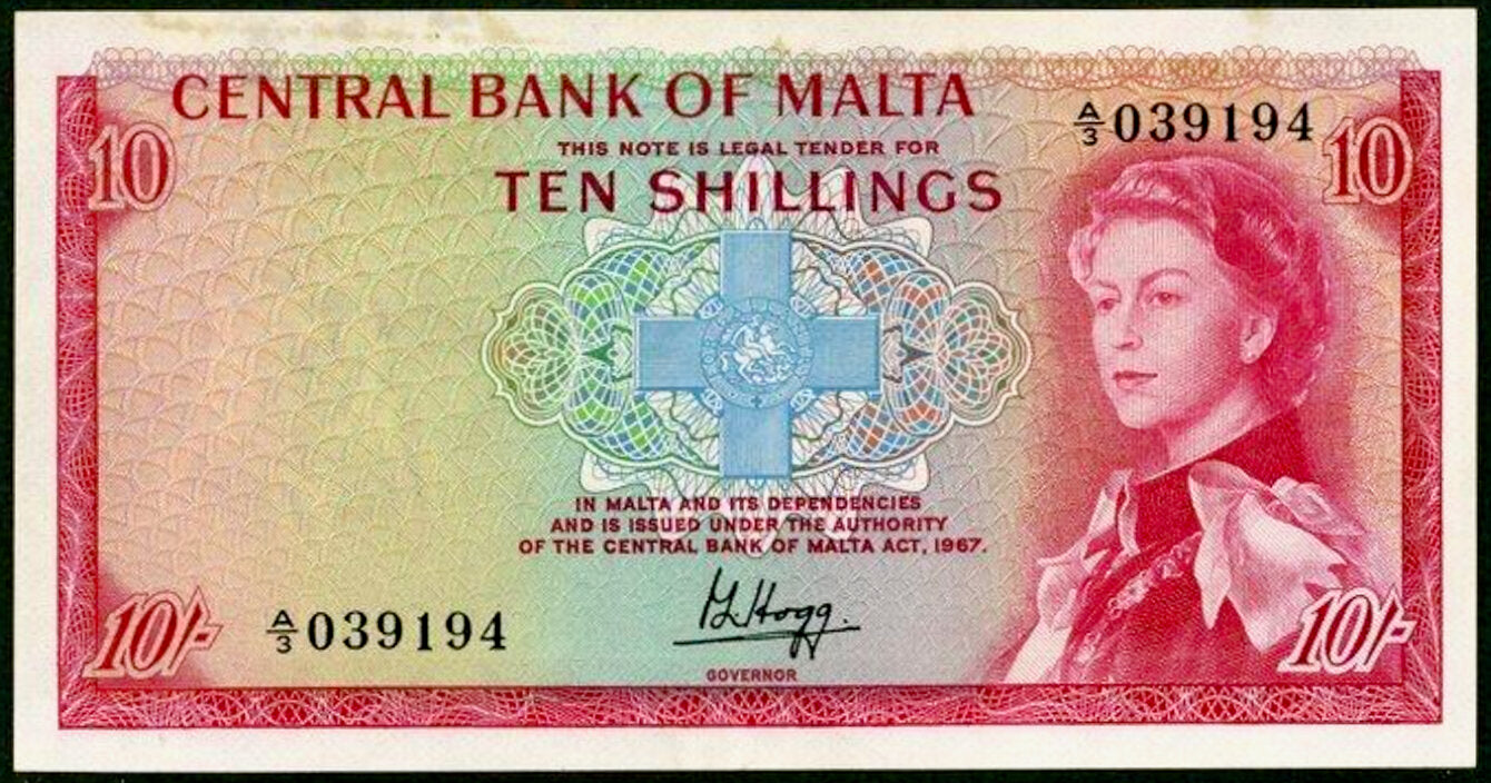 MALTA P.28a 1967 10 Shilling A/3 AUNC 55