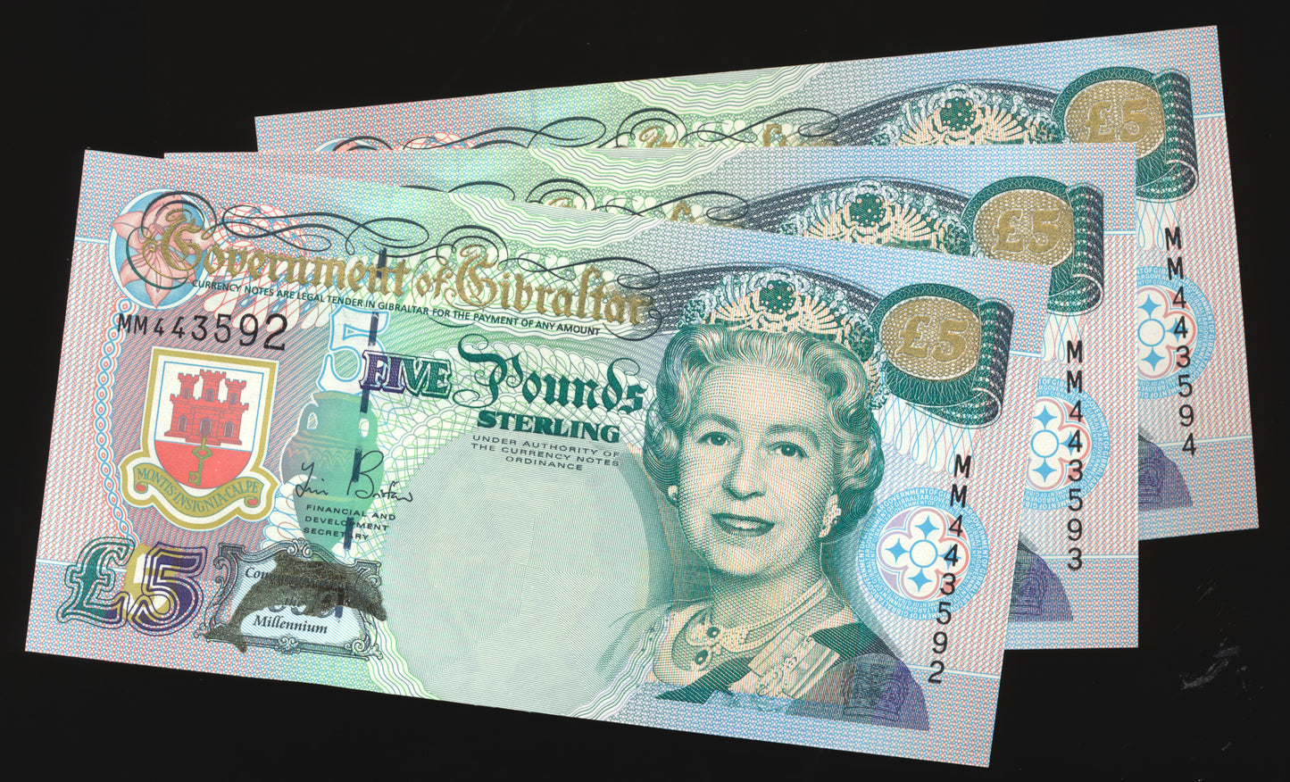 GIBRALTAR P.29 2000 £5 UNC MM 3 consecutive notes
