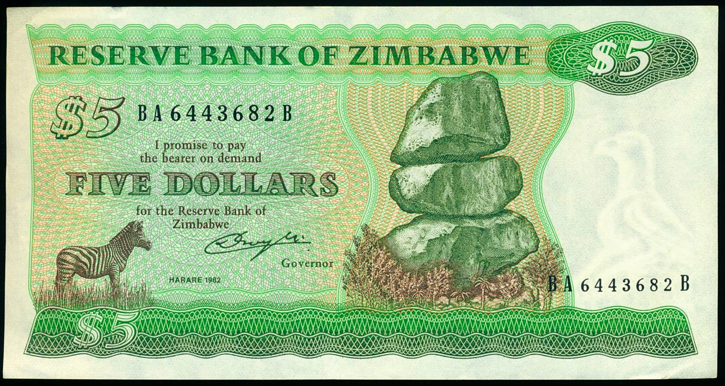 ZIMBABWE P.2b 1982 5 Dollars CHOICE AUNC 64