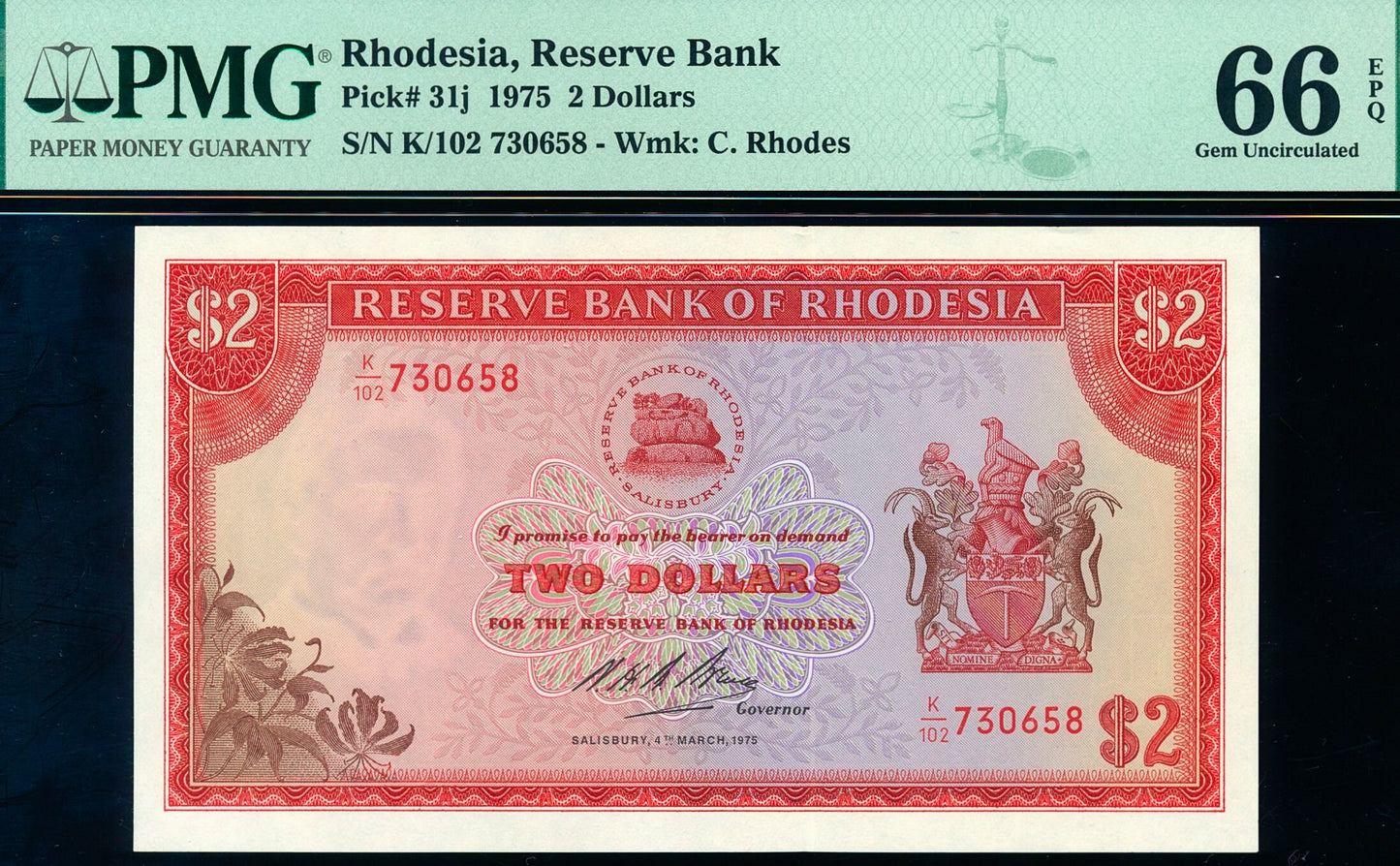 RHODESIA P.31j 1979 2 dollars GEM UNC 66EPQ