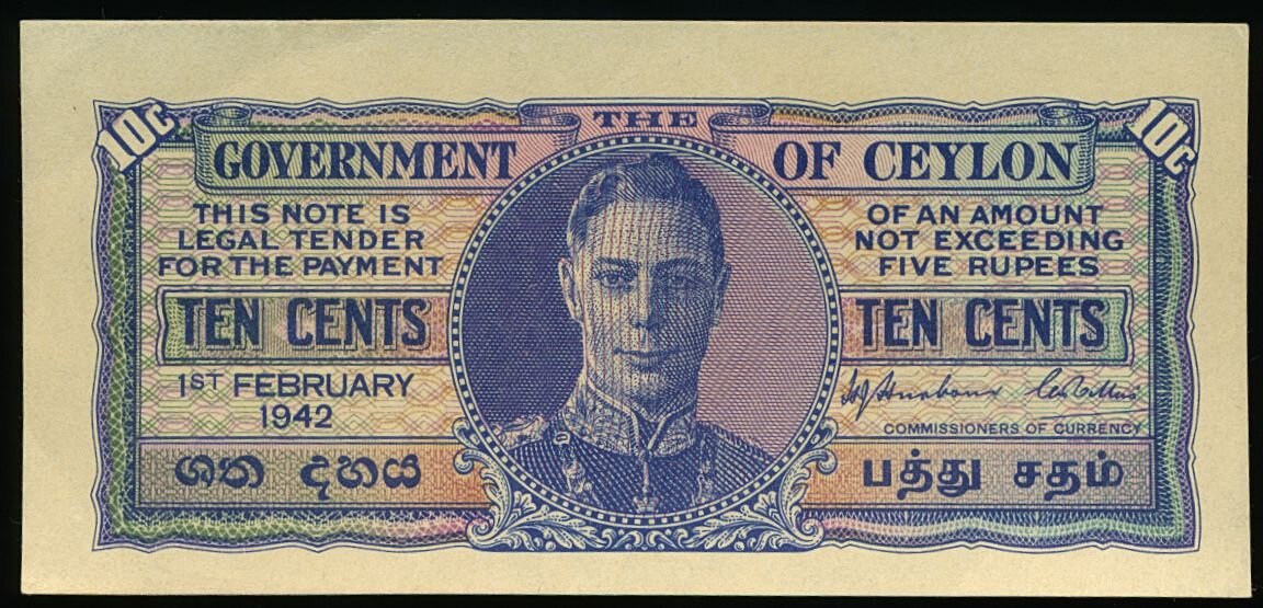 CEYLON P.43a 1942 10 Cents AUNC A/23