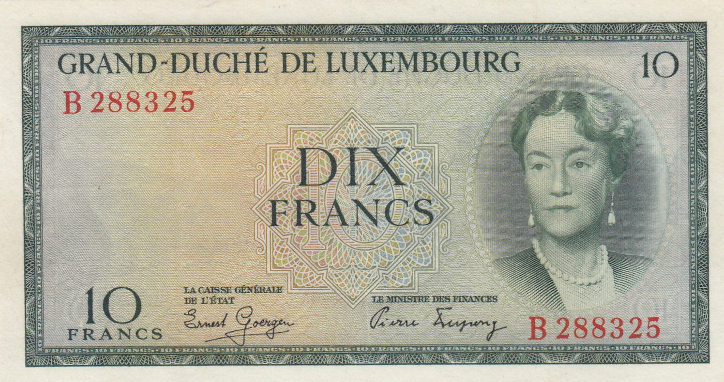 LUXEMBOURG P.48a 1954 10 Francs EF