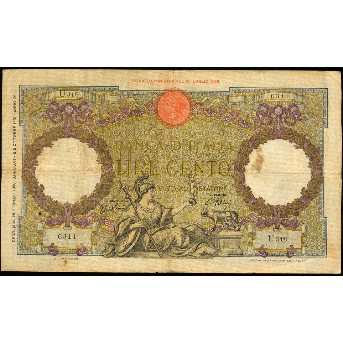 ITALY P.55a 1931 100 Lire AVF