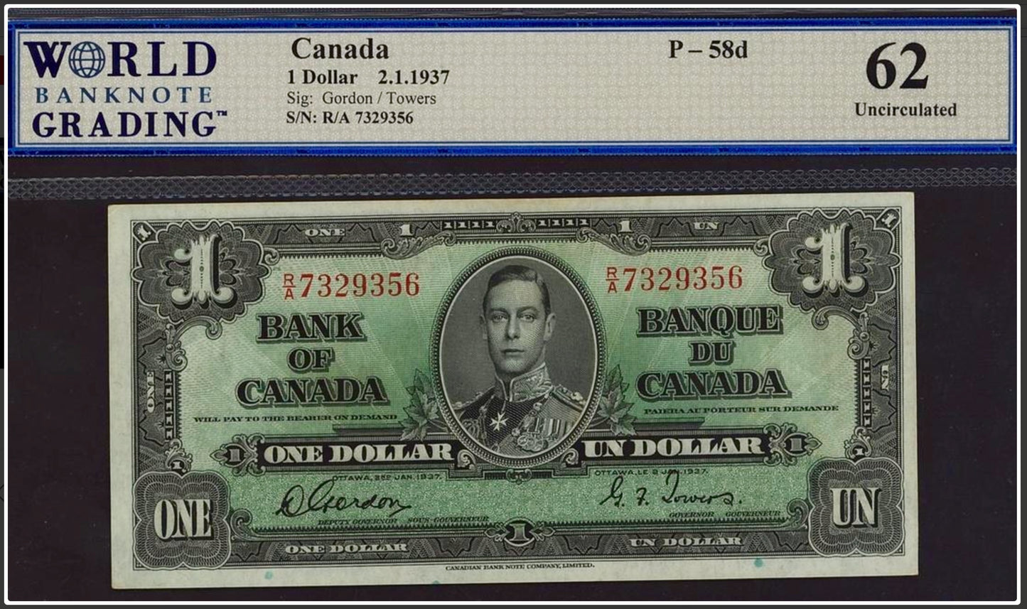 CANADA P.58d 1937 $1 Gordon, Towers 62 UNC