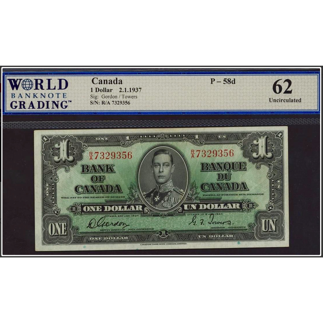 CANADA P.58d 1937 $1 Gordon, Towers 62 UNC