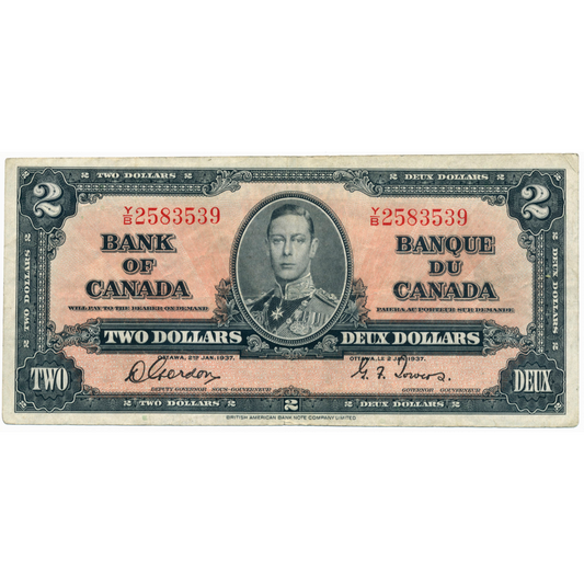 CANADA P.59b 1937 $2 Gordon, Towers VF Y/B