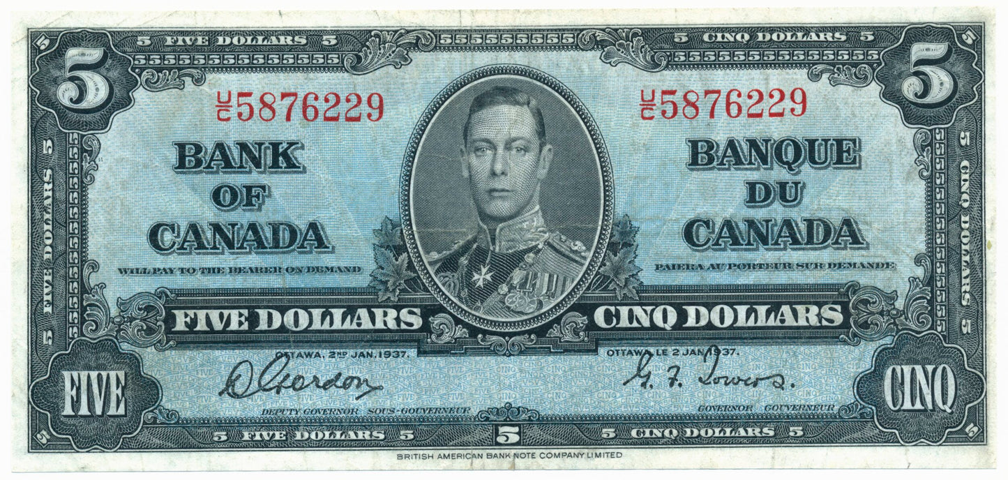 CANADA P.60b 1937 $5 Gordon, Towers VF U/C