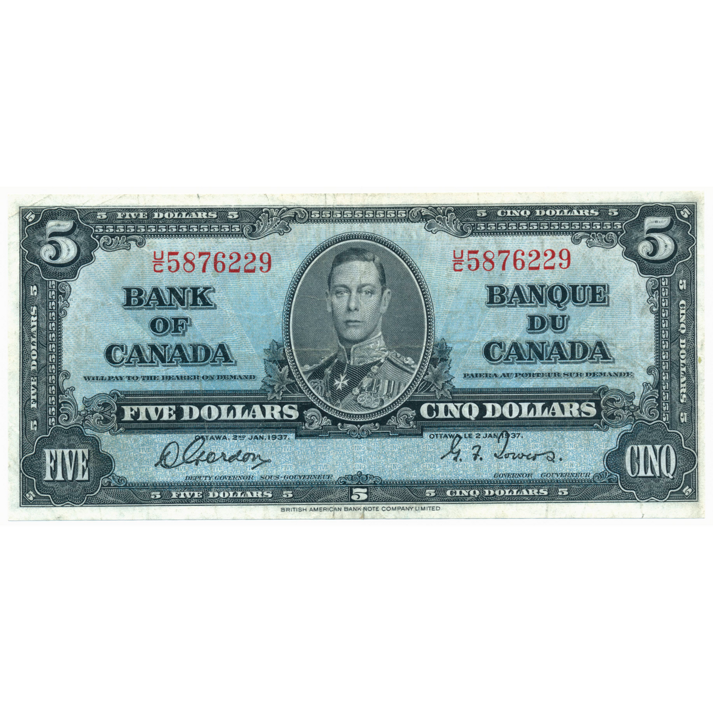 CANADA P.60b 1937 $5 Gordon, Towers VF U/C