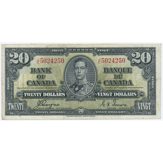 CANADA P.62c 1937 $20 Coyne, Towers VF J/E