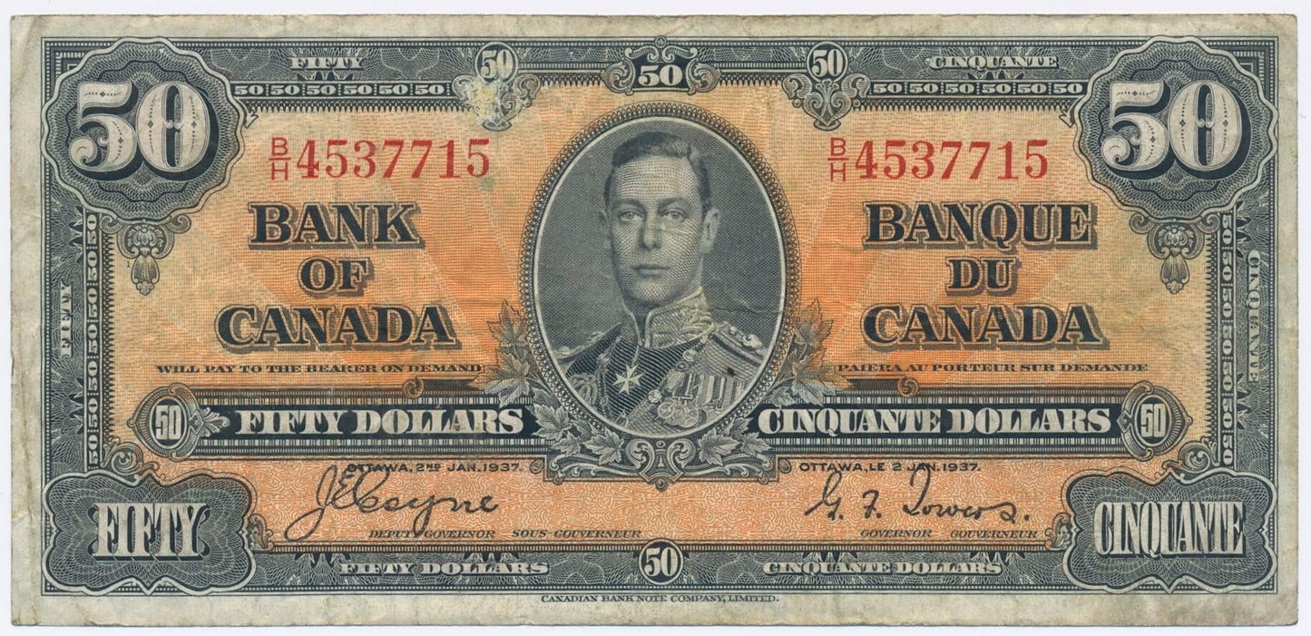 CANADA P.63c 1937 $50 Coyne, Towers VF 25