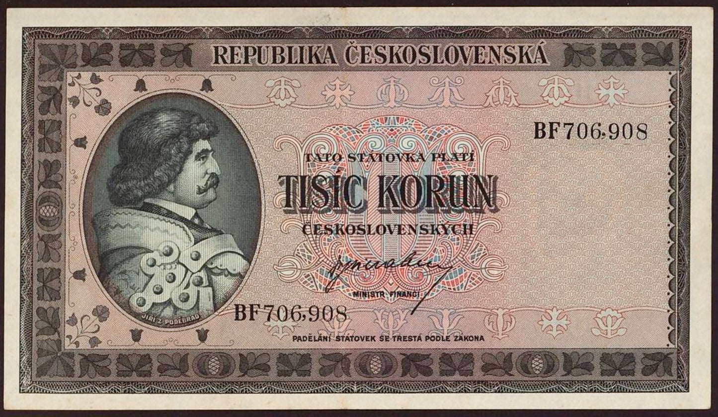 CZECHOSLOVAKIA P.65 1945 1000 Koruna Choice VF