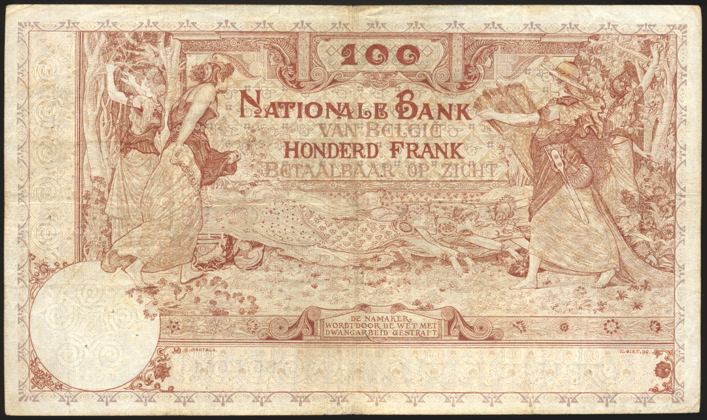 BELGIUM P.71 1912 100 Francs VF