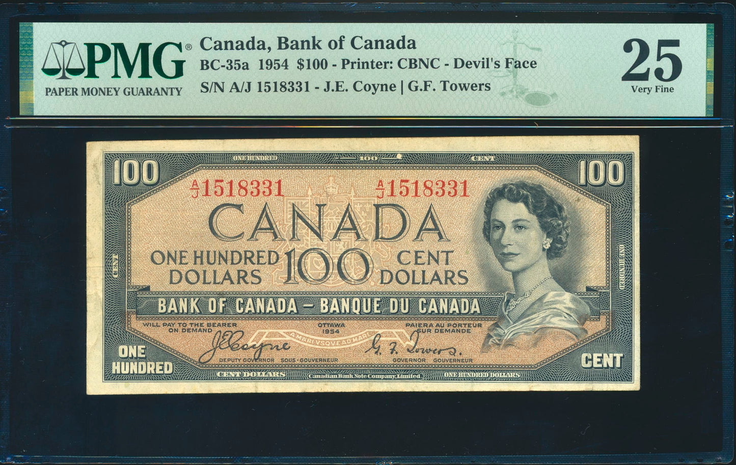 CANADA P.72a BC-35a 1954 $100 Coyne, Towers A/J VF 25