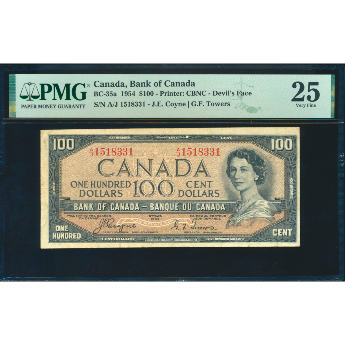 CANADA P.72a BC-35a 1954 $100 Coyne, Towers A/J VF 25