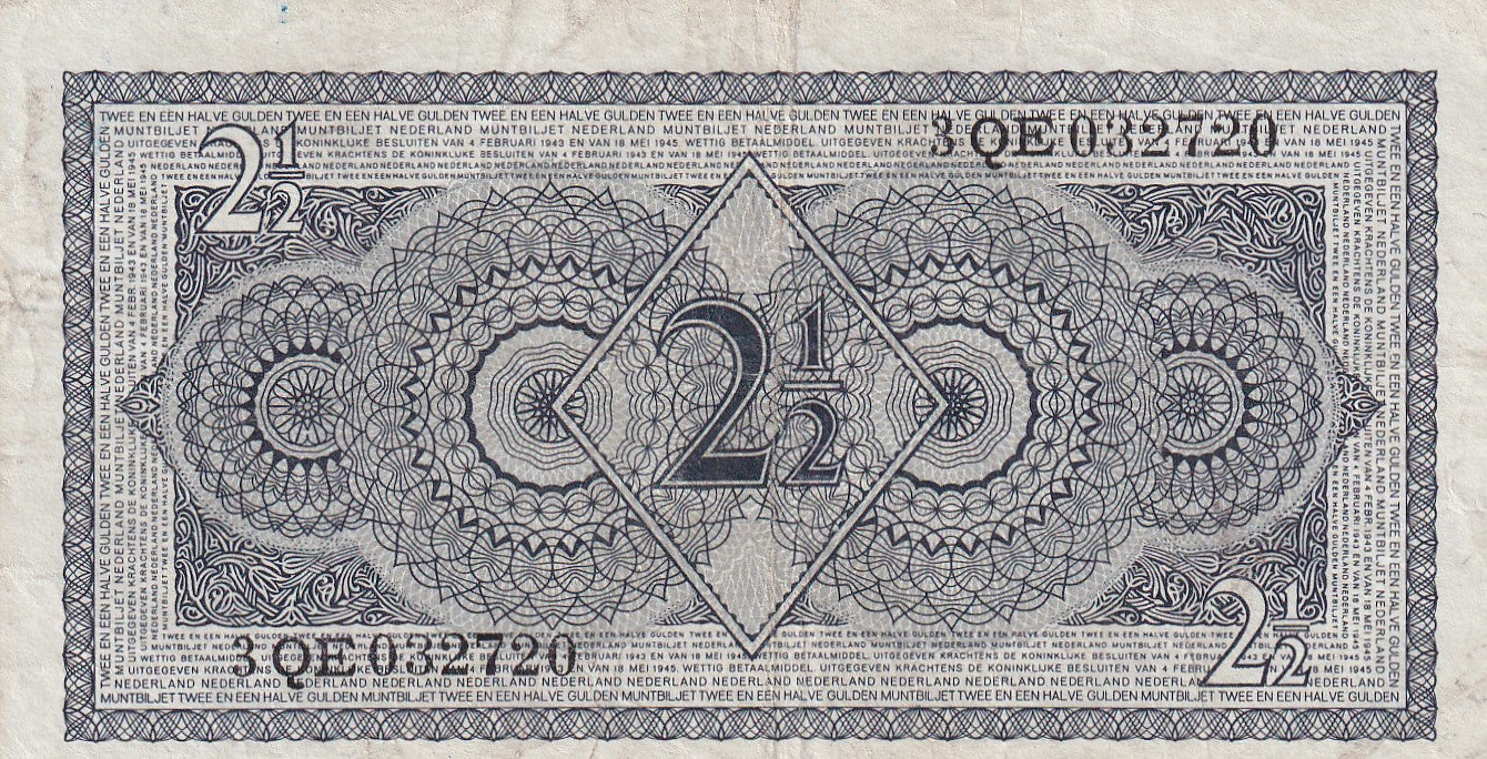 NETHERLANDS P.73 1949 2 1/2 Guilden VF