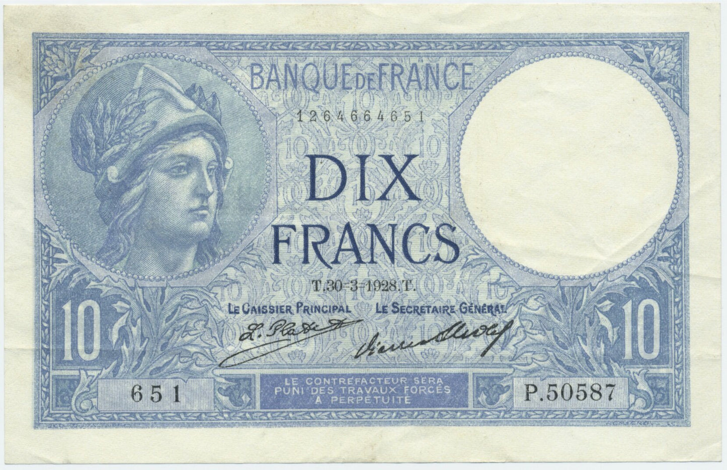 FRANCE P.73d 1928 10Fr Platet, Strohl AEF