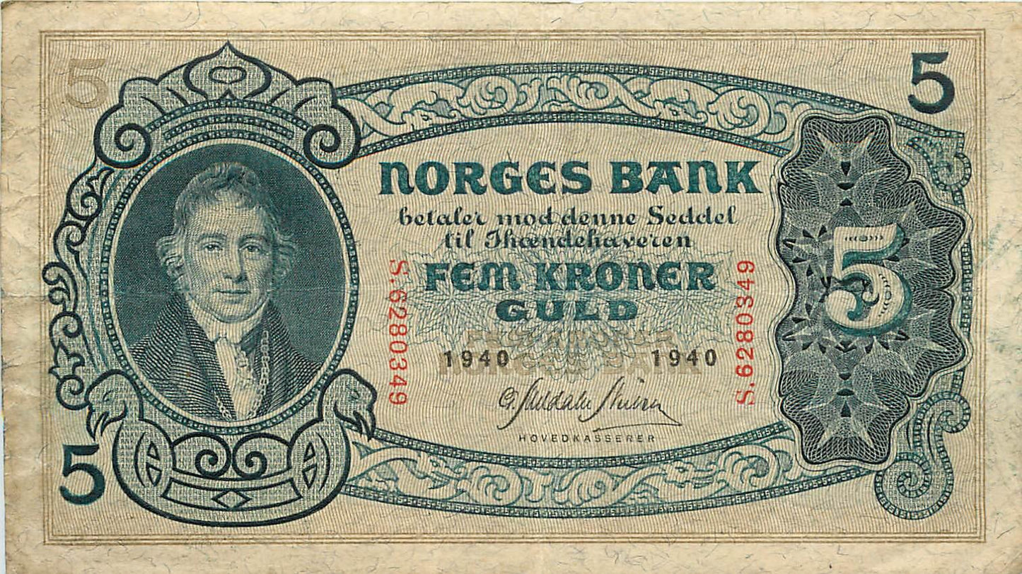 NORWAY P.7c 1940 5 Kroner AVF/VF