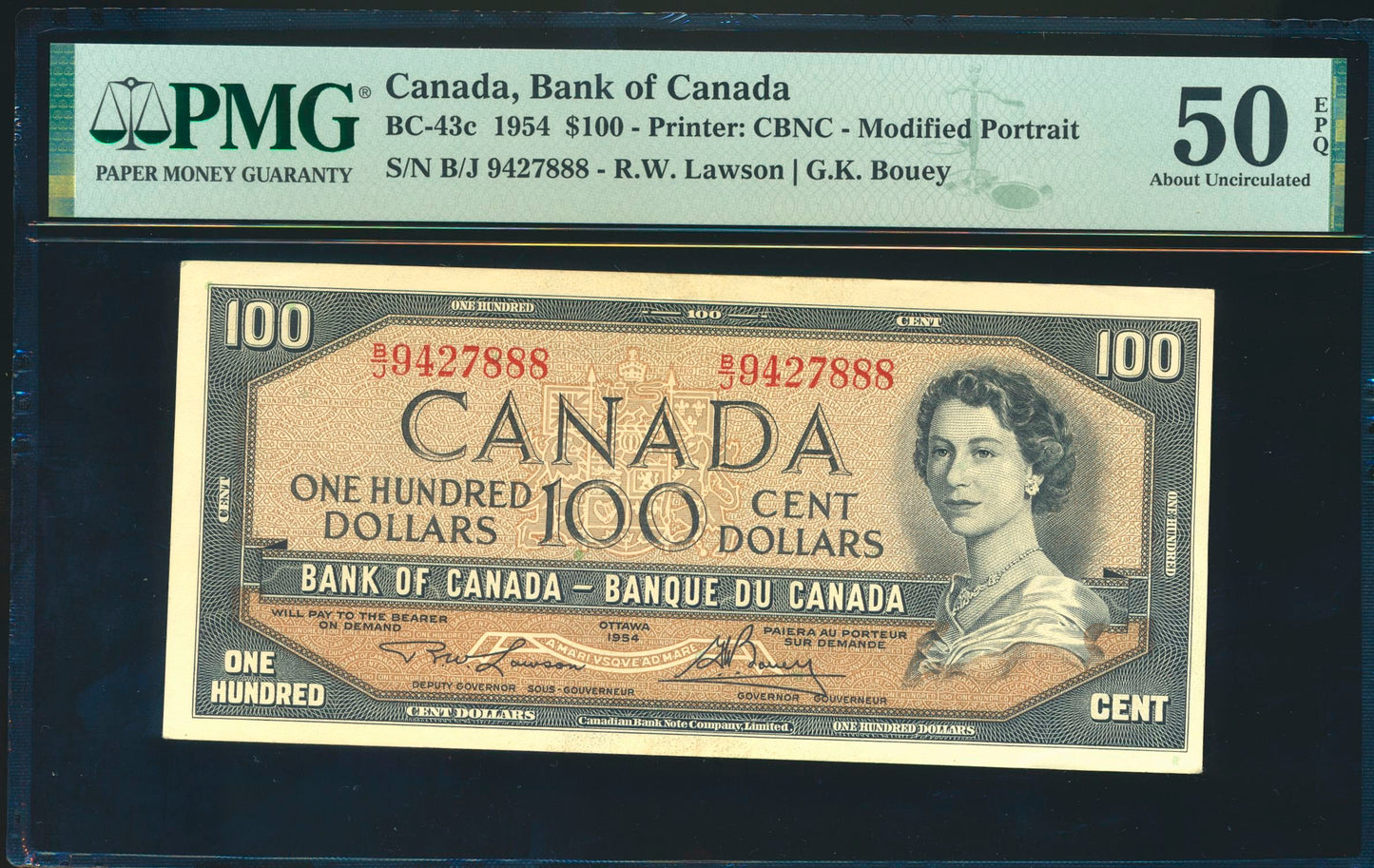 CANADA P.82c BC-43c 1954 $100 Lawson, Bouey EF B/J
