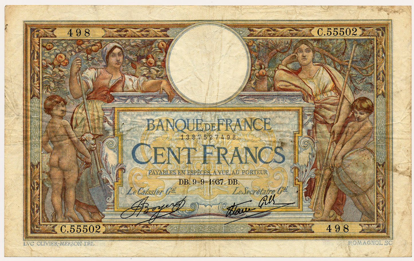 FRANCE P.86a 1937 100Fr Boyer, Favre-Gilly VF