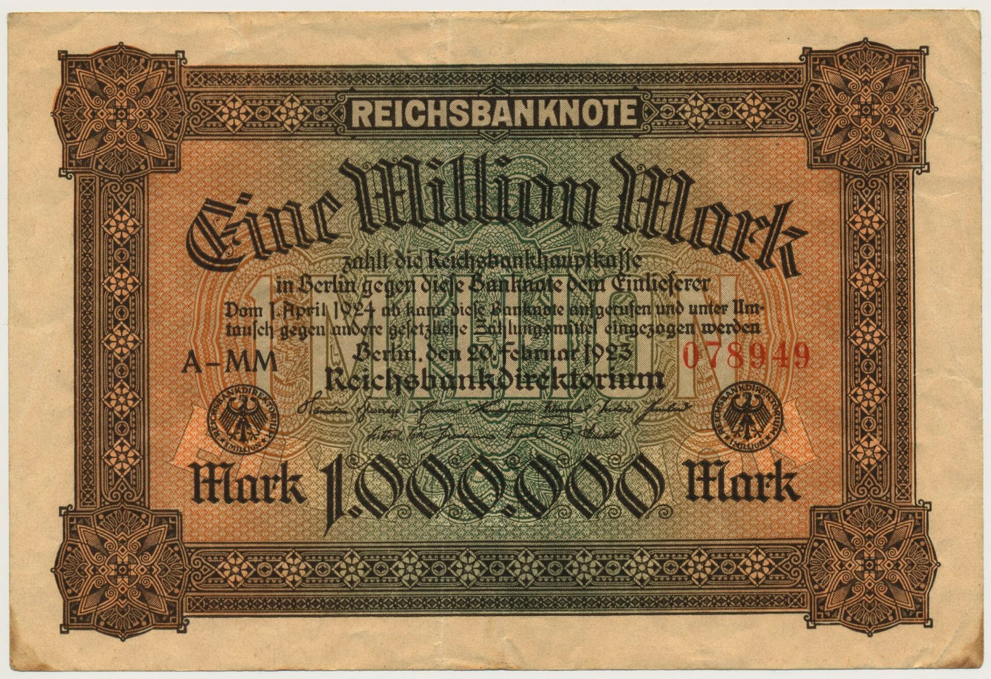 GERMANY P.86a 1923 1,000,000 Mark VF