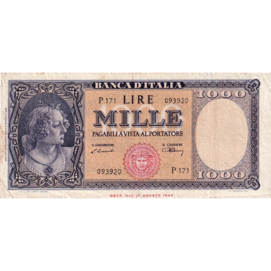 ITALY P.88a 1948 1,000 Lire VF