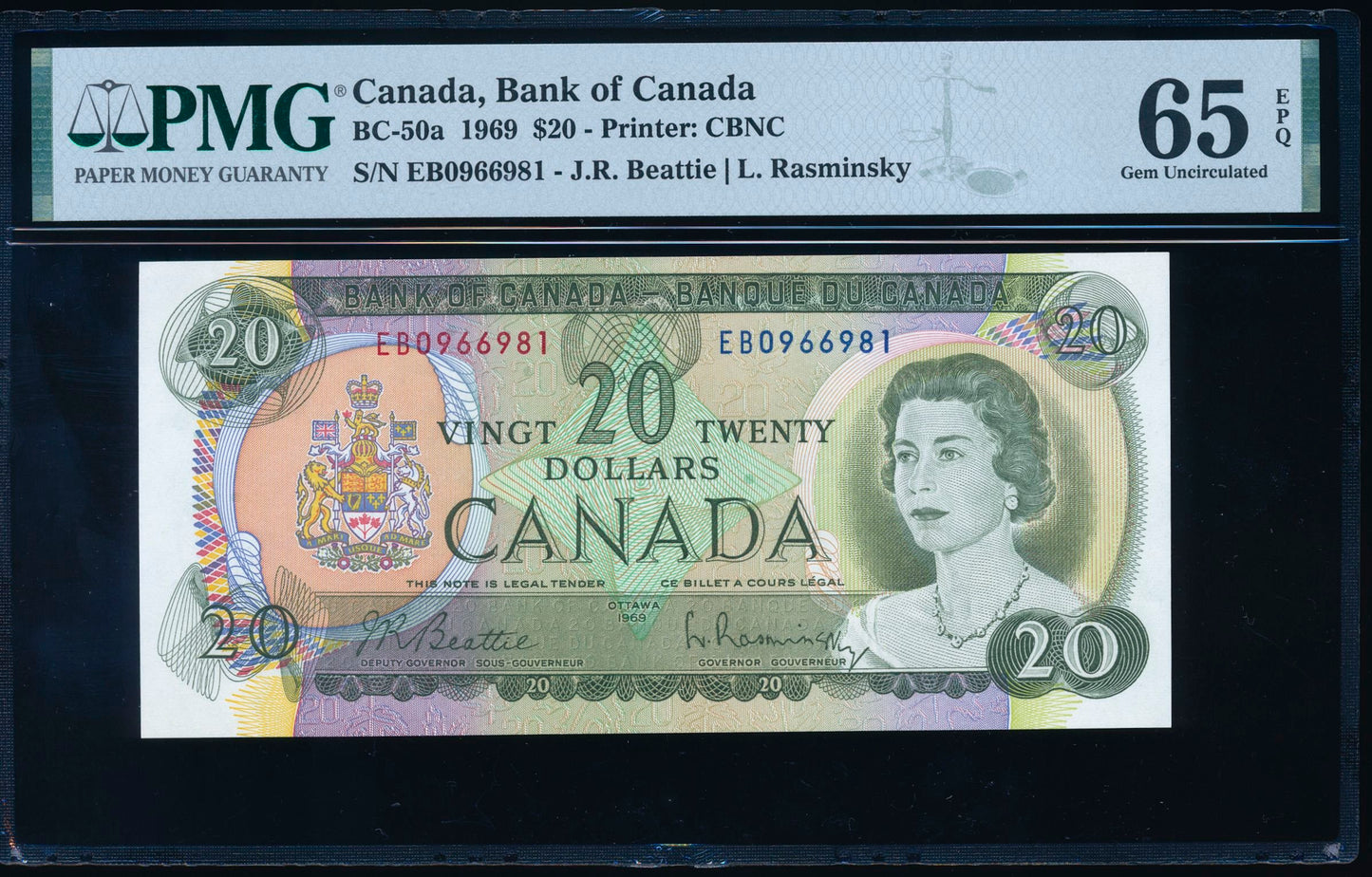 CANADA P.89a BC-50a $20 1969 Beattie, Rasminsky GEM UNC 65 EPQ
