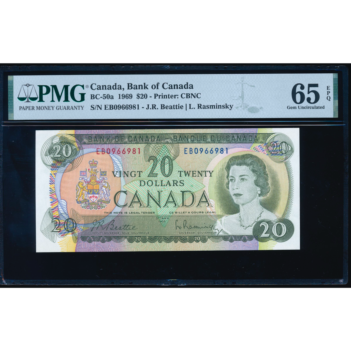 CANADA P.89a BC-50a $20 1969 Beattie, Rasminsky GEM UNC 65 EPQ