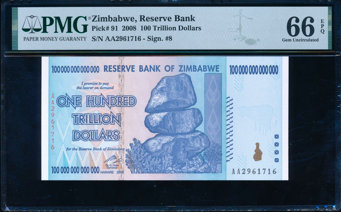 ZIMBABWE P.91 2008 100 Trillion Dollars GEM UNC 66 EPQ