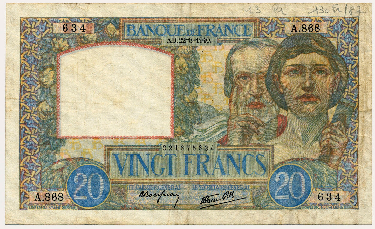 FRANCE P.92a 1940 20Fr Rousseau, Favre-Gilly VF