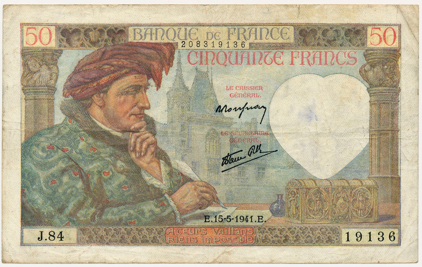 FRANCE P.93 1941 50Fr F/VF