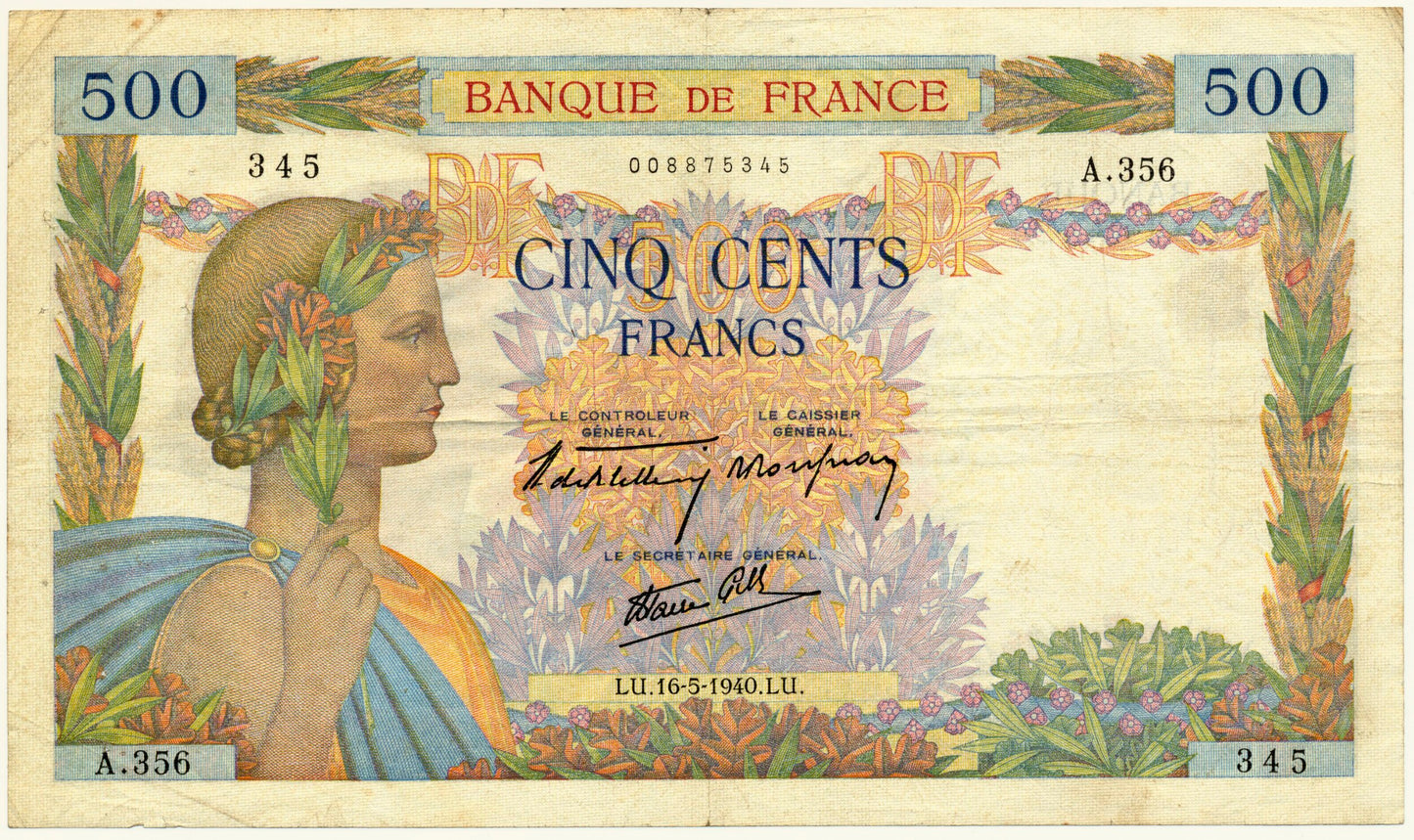 FRANCE P.95a France 1940 500Fr Bletterie, Rousseau, Favre-Gilly VF