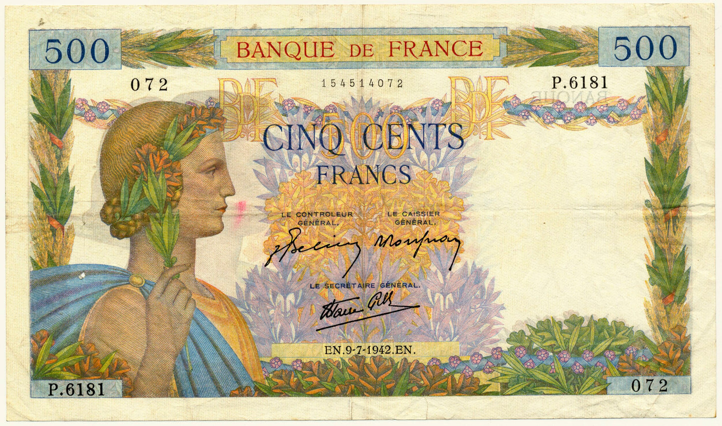 FRANCE P.95b 1942 500Fr Belin, Rousseau, Favre-Gilly VF