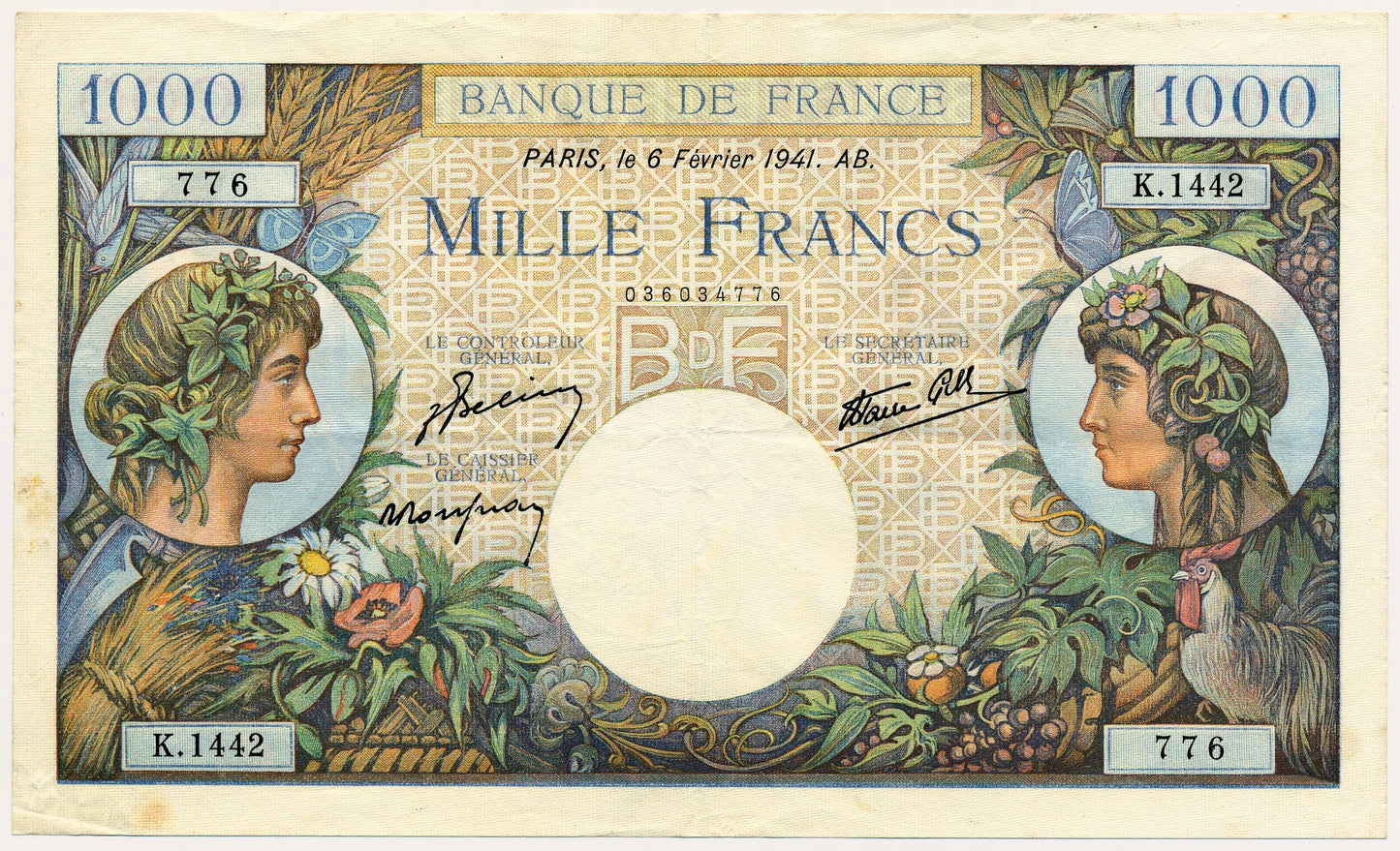 FRANCE P.96b 1941 1000Fr Belin, Rousseau, Favre-Gilly VF 30