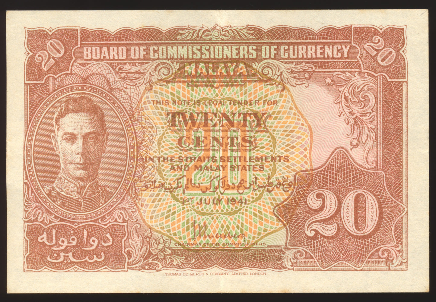 MALAYA P.9a 1941 20 Cents GEF
