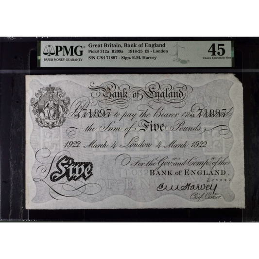 ENGLAND P.312a B209a 1922 Harvey £5 C84 Choice EF 45