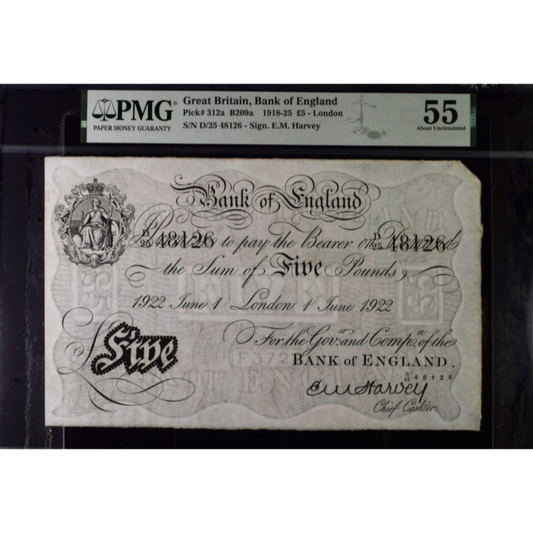ENGLAND P.312a B209a 1922 Harvey £5 D25 AUNC 55