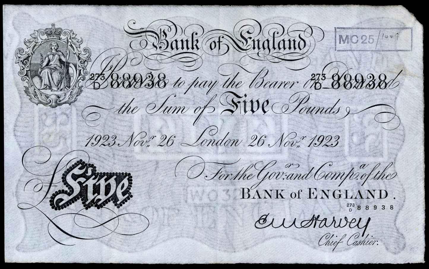 ENGLAND P.312a B209a 1923 Harvey £5 273D Choice VF35