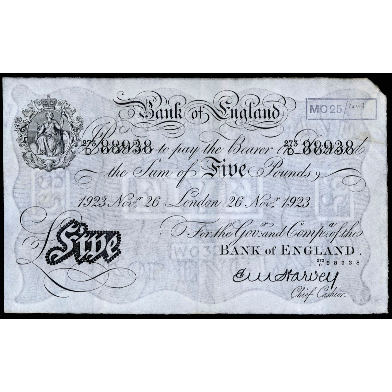 ENGLAND P.312a B209a 1923 Harvey £5 273D Choice VF35