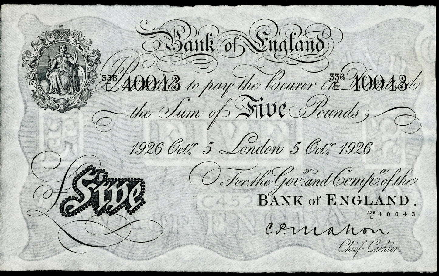 ENGLAND P.320a B215 1926 Mahon £5 336E GEM UNC 65 EPQ TOP POP