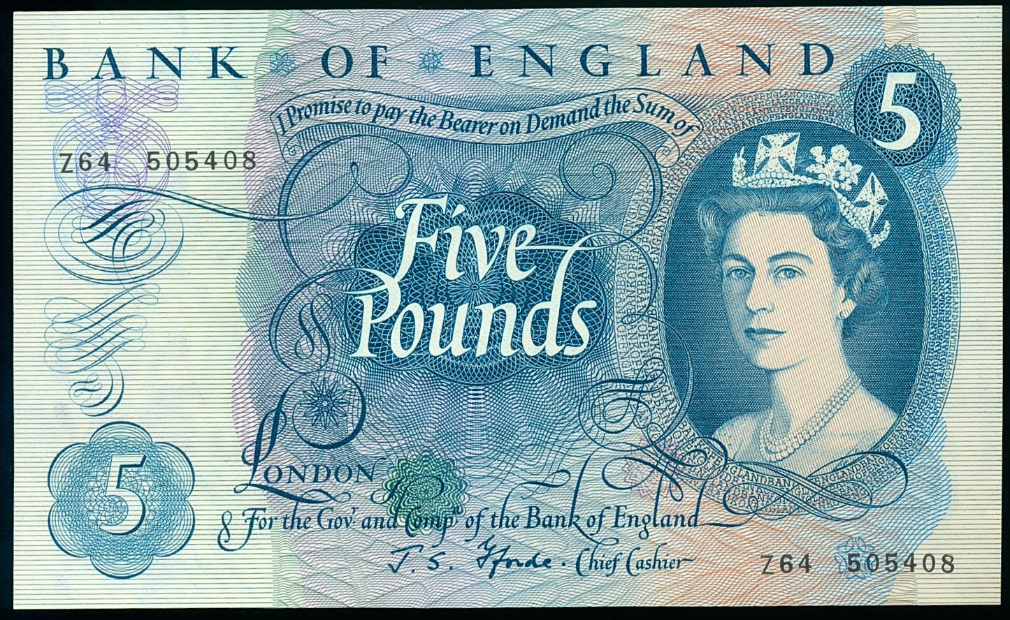 ENGLAND P.375b B312 1966-1970 Fforde £5 UNC Last series Z64