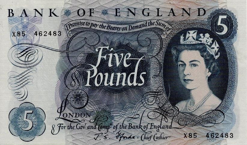 ENGLAND P.375b B312 1966-1970 Fforde £5 GEF X85